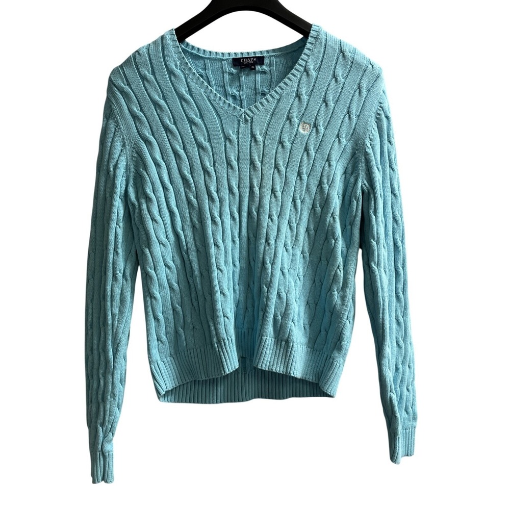 Vintage Chaps Sweater Blue Cable Knit Pullover V Neck Size XL Preppy Old Money